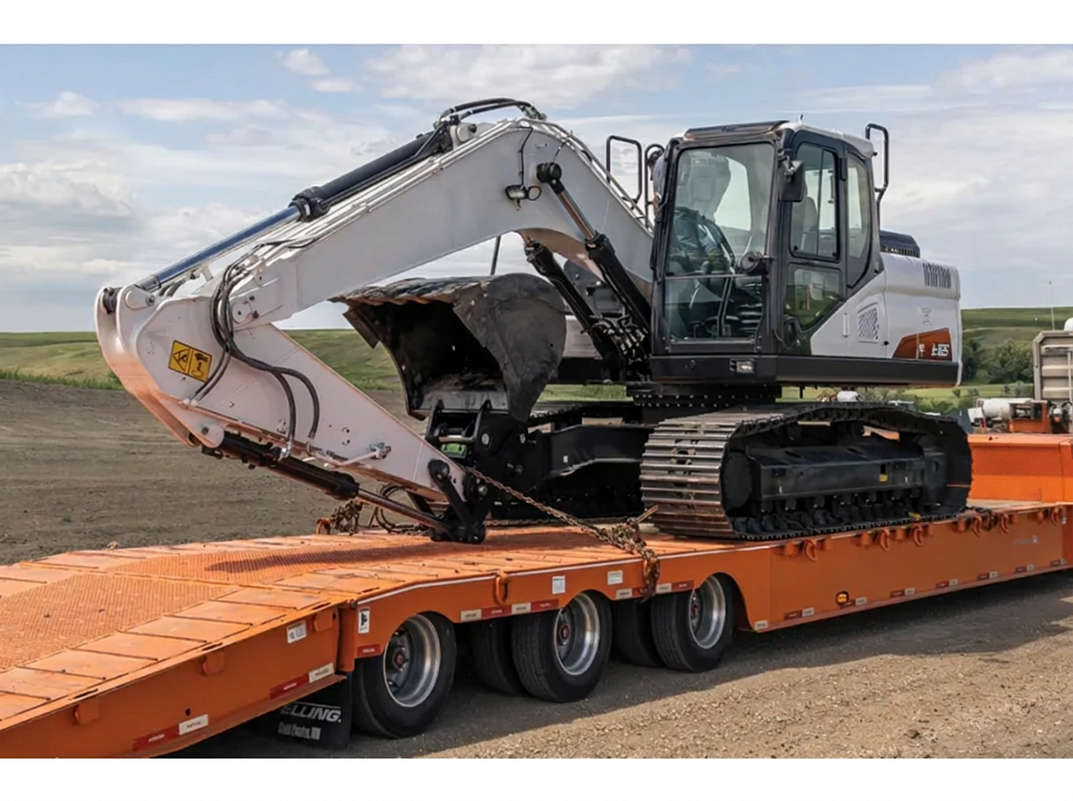 Excavator loaded on a trailer
