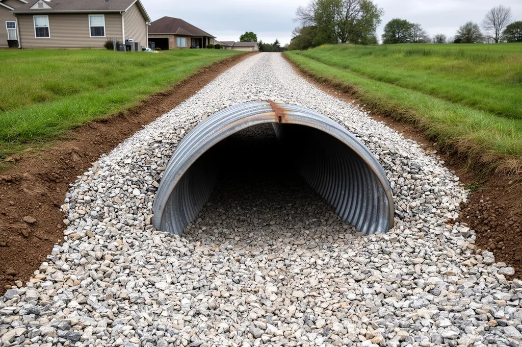 Driveway culvert pipe installed under gravel driveway with rip-rap stone protection