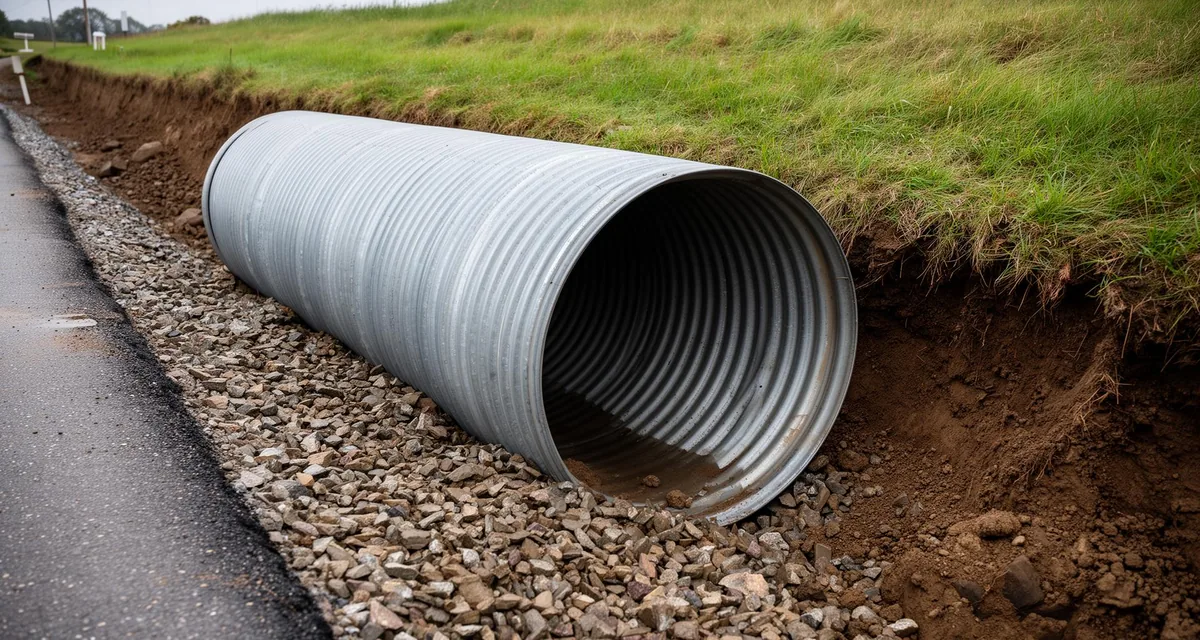 Newly installed culvert pipe under rural gravel driveway entrance
