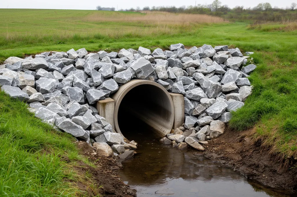 Drainage culvert pipe with stone rip-rap erosion protection