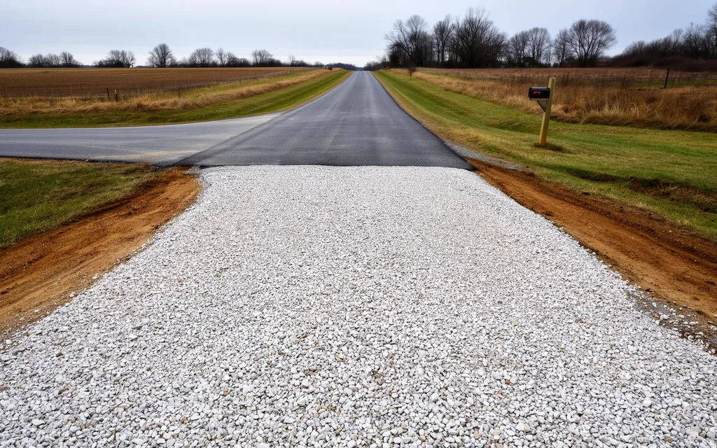 Gravel driveway entrance with culvert pipe installed at rural Indiana property