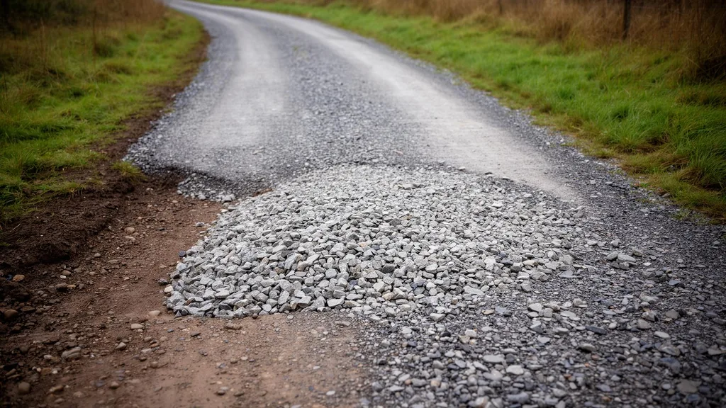 Repaired driveway washout with fresh gravel and drainage in Hendricks County Indiana