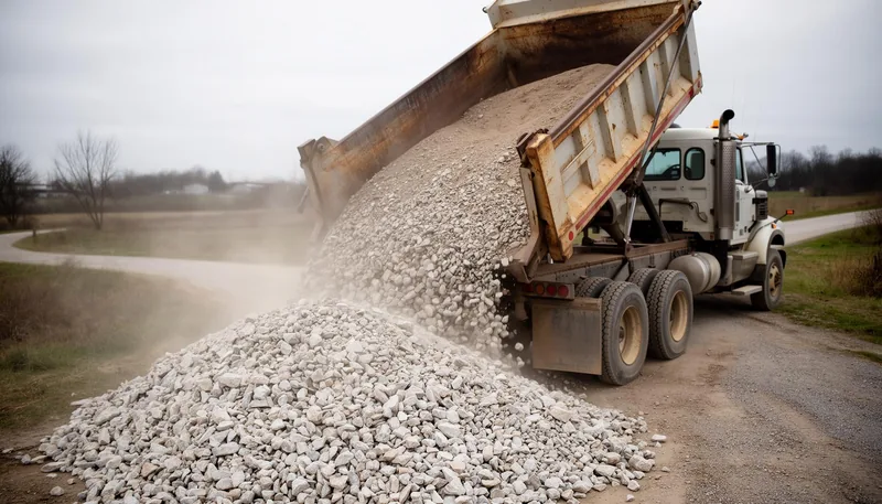 Dump truck delivering aggregate materials in Central Indiana