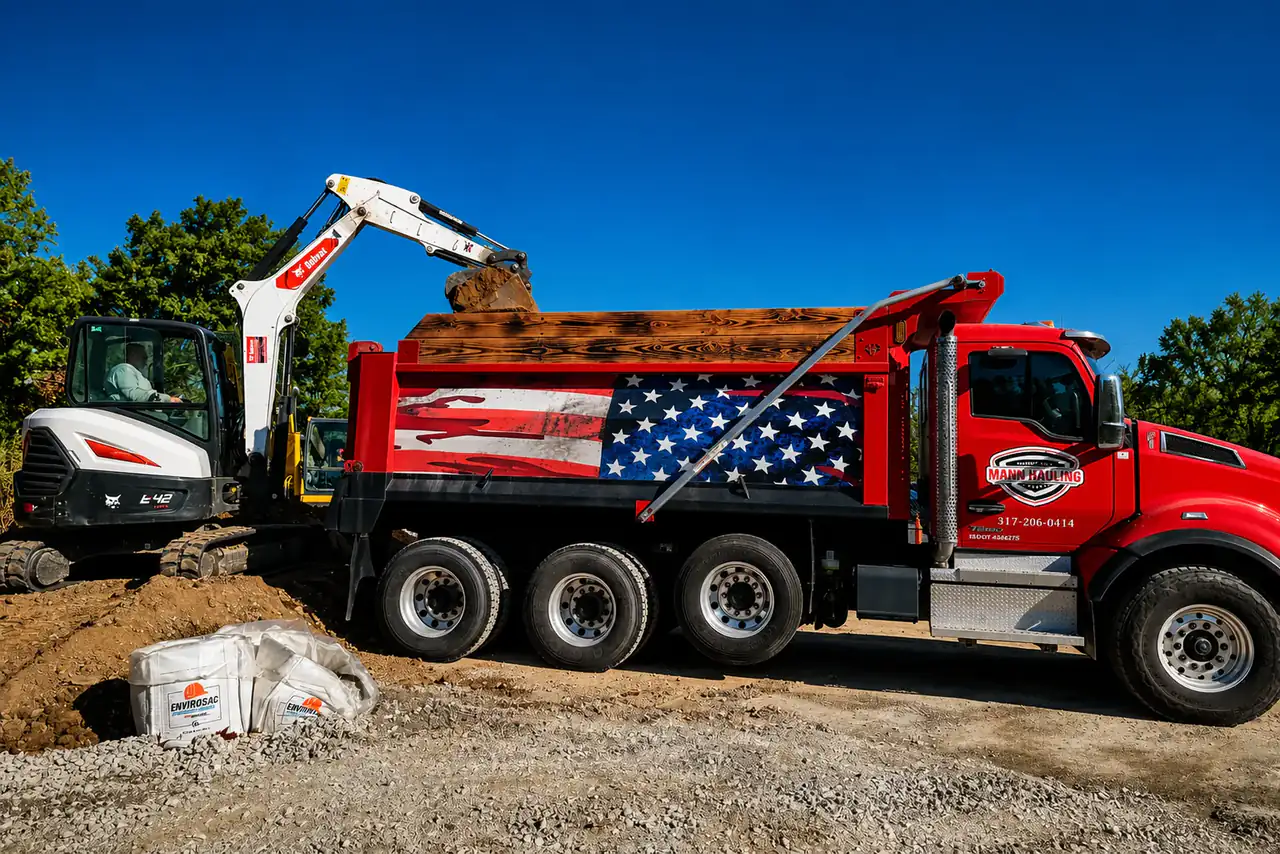 Mann Hauling red dump truck loaded by our excavator on a Central Indiana job site