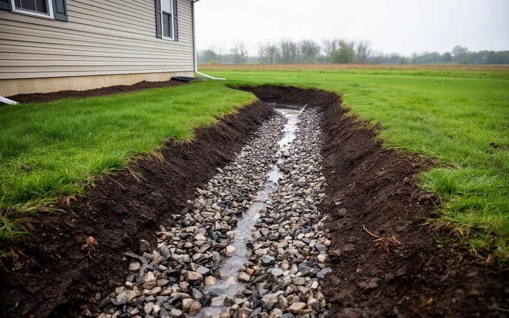 French drain installation with gravel fill for yard drainage in Indiana