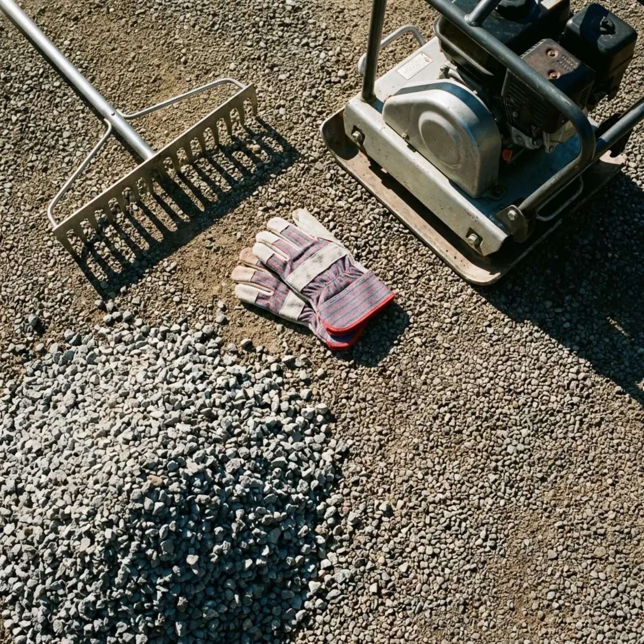 DIY gravel driveway repair tools and materials, including rake, gloves, compactor, and fresh gravel on site
