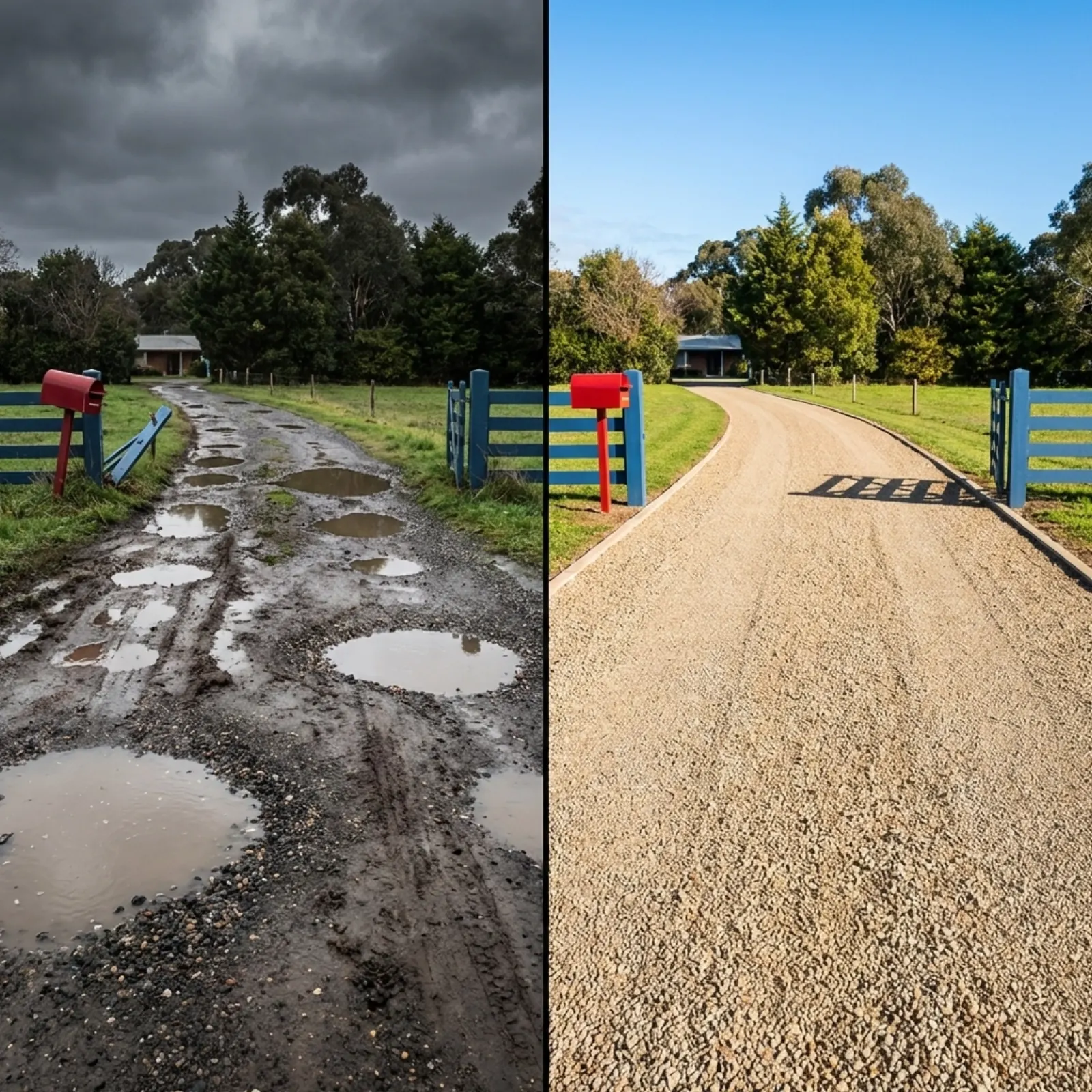 Before and after of a gravel driveway: potholes and ruts compared with a smooth, freshly repaired surface