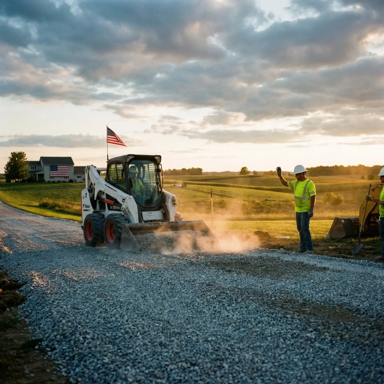 Professional excavation crew and skid steer spreading gravel on a rural Indiana driveway at golden hour
